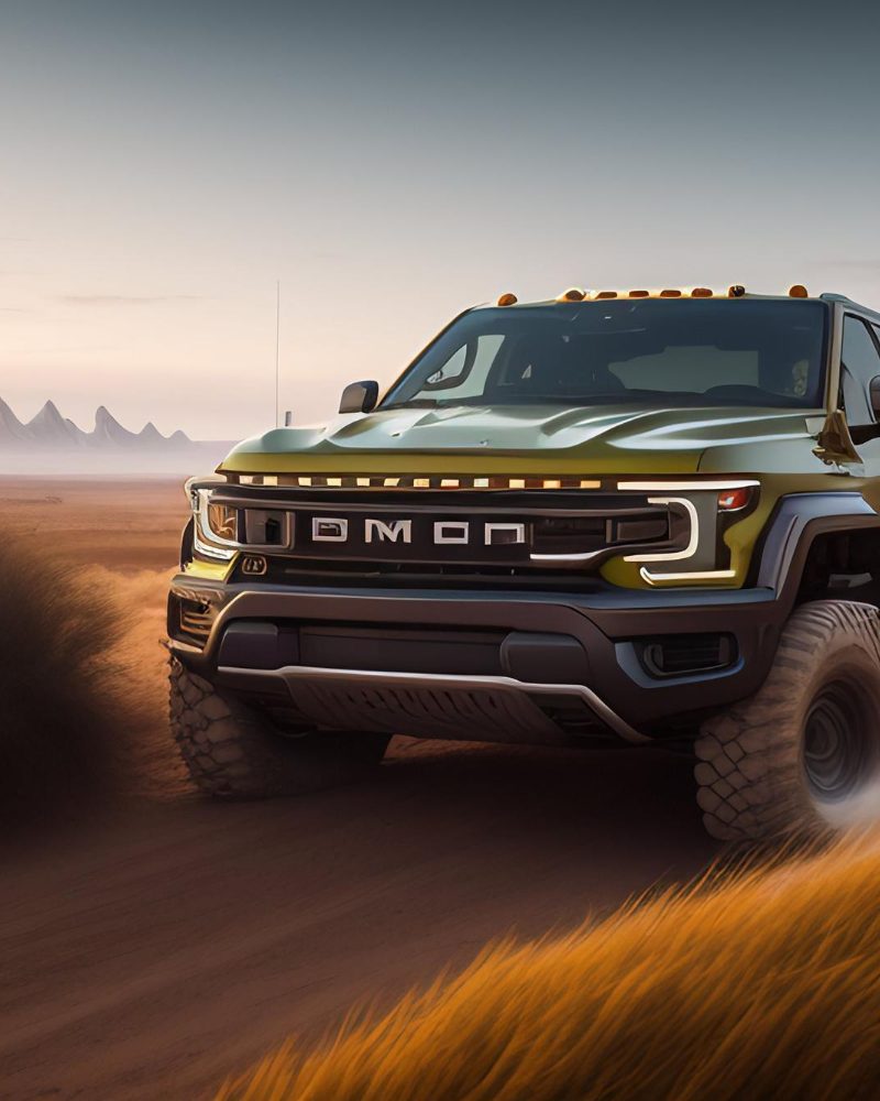 green-jeep-pickup-truck-drives-through-desert-landscape